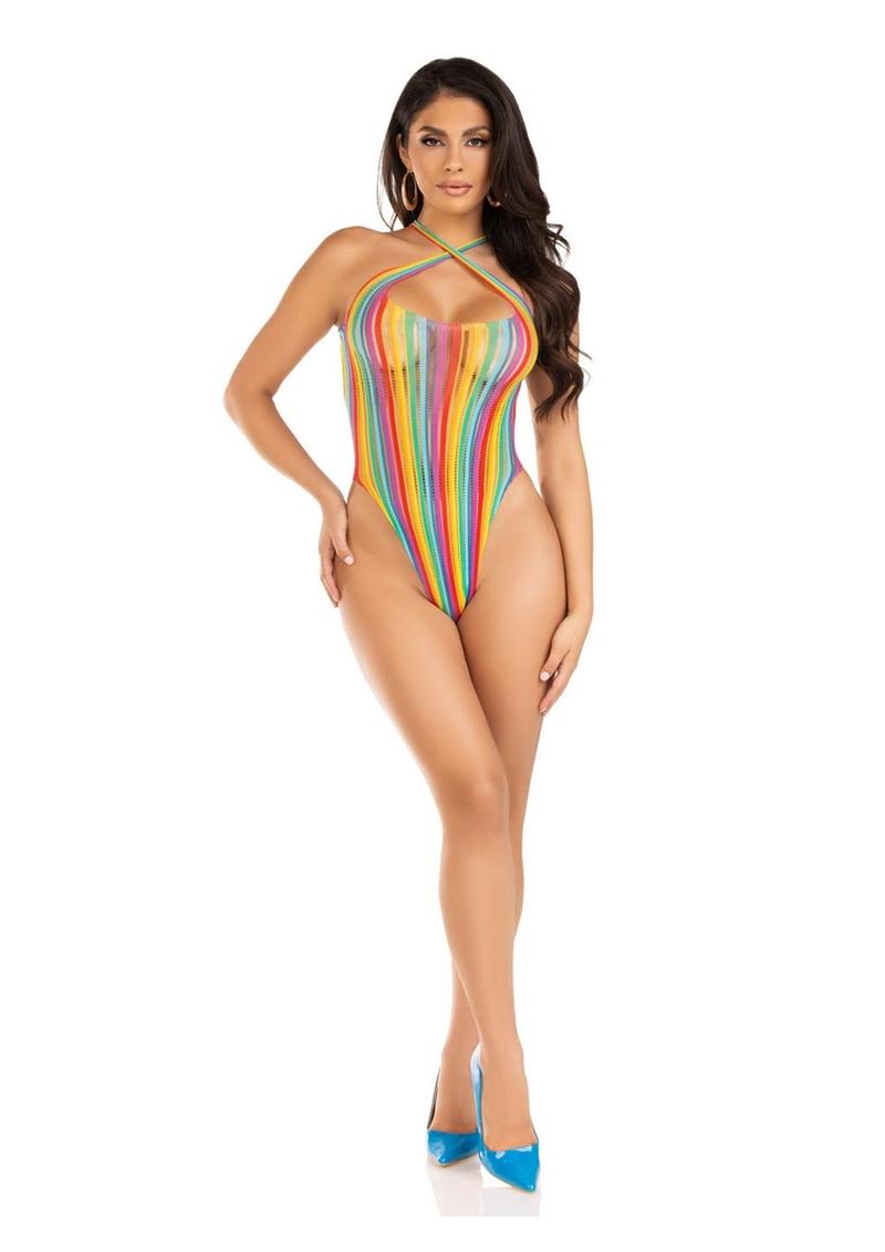 Leg Avenue Rainbow Stripe Cross-Over Halter Bodysuit - Multicolor - One Size
