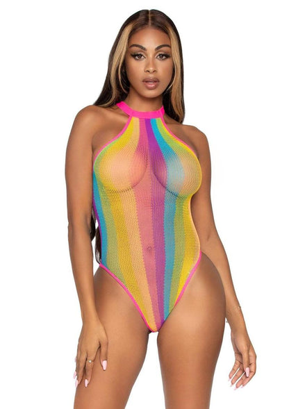 Leg Avenue Rainbow Striped Net Halter Bodysuit with Snap Crotch