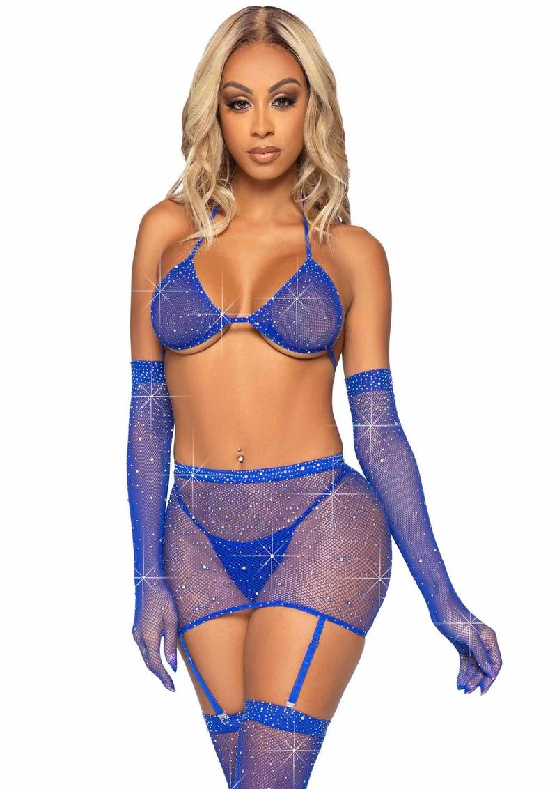 Leg Avenue Rhinestone Fishnet Garter Skirt Set with Bikini Top, G-String, Gloves and Matching Stockings - Blue - One Size - 5 Piece