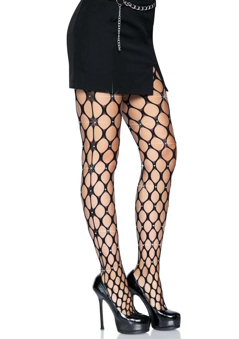 Leg Avenue Rhinestone Jumbo Pothole Net Tights - Black - One Size