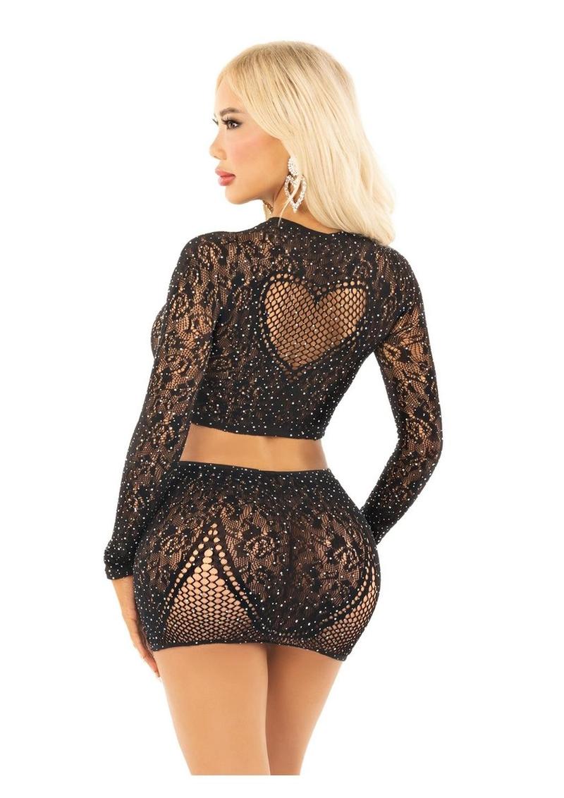 Leg Avenue Rhinestone Lace and Net Crop Top with Heart Keyhole Detail and Mini Skirt - Black - One Size - 2 Piece