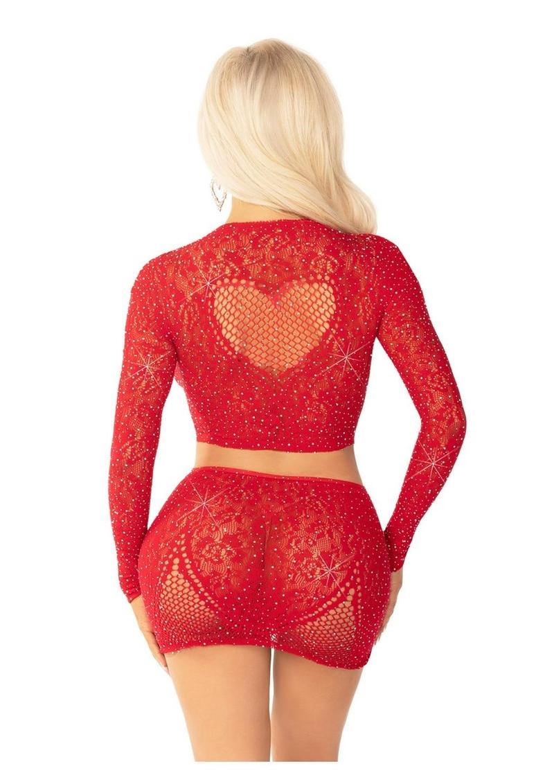 Leg Avenue Rhinestone Lace and Net Crop Top with Heart Keyhole Detail and Mini Skirt