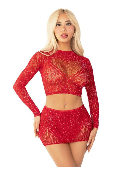 Leg Avenue Rhinestone Lace and Net Crop Top with Heart Keyhole Detail and Mini Skirt - Red - One Size - 2 Piece