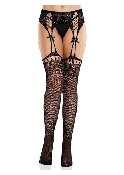 Leg Avenue Rhinestone Lace Top Fishnet Stockings with Attached Garter Belt