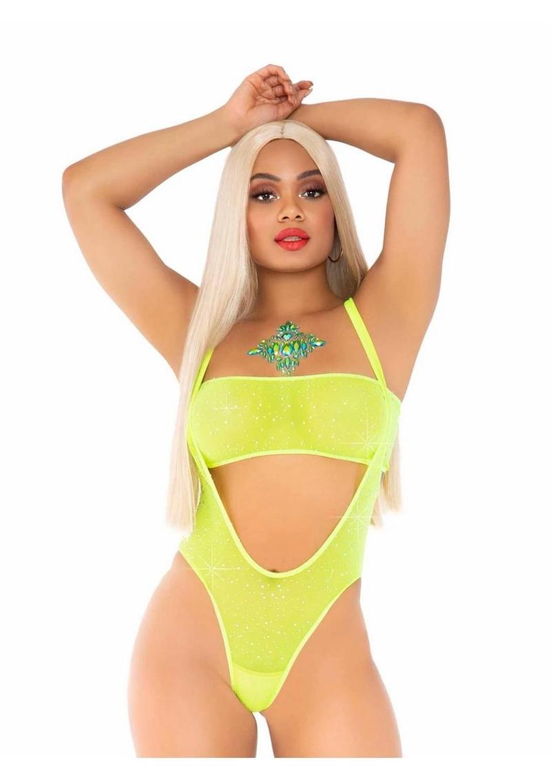 Leg Avenue Rhinestone Mesh Bandeau and Suspender Bodysuit - Neon Yellow/Yellow - One Size - 2 Piece