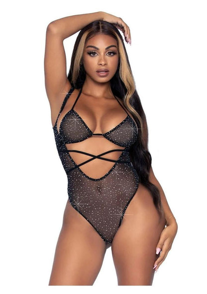 Leg Avenue Rhinestone Mesh Wrap Around Bikini Top and Suspender Bodysuit