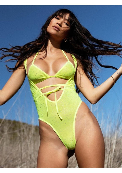 Leg Avenue Rhinestone Mesh Wrap Around Bikini Top and Suspender Bodysuit - Yellow - One Size - 2 Piece