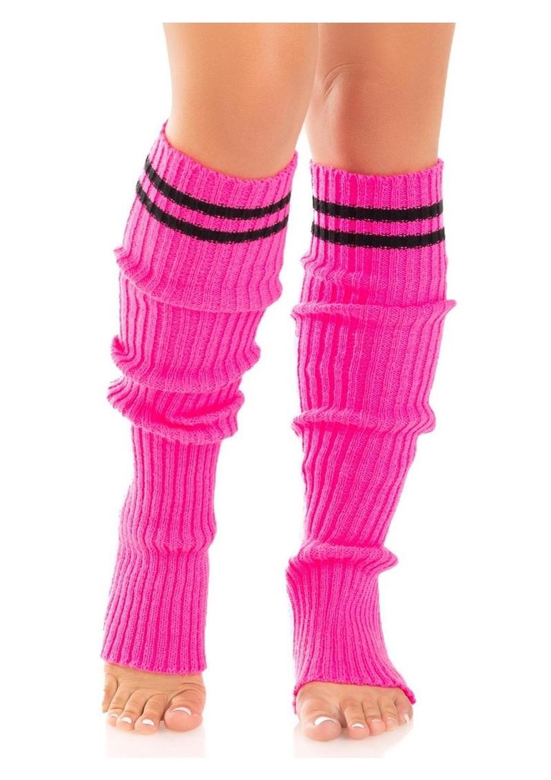 Leg Avenue Ribbed Stirrup Leg Warmers with Athletic Stripe - Pink - One Size