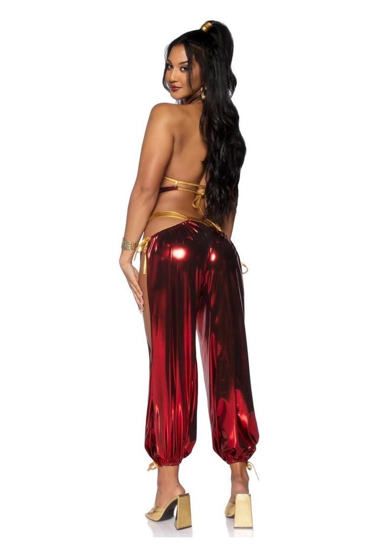 Leg Avenue Ruby Desert Princess Lame Bikini Top and Split Leg Cut-Out Harem Pants with Side Ties - Red - XSmall - 2 Piece