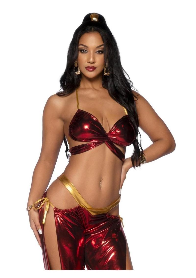 Leg Avenue Ruby Desert Princess Lame Bikini Top and Split Leg Cut-Out Harem Pants with Side Ties - Red - Medium - 2 Piece