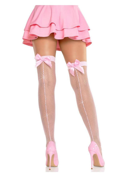 Leg Avenue Satin Bow Top Fishnet Thigh Highs With Rhinestone Backseam 1