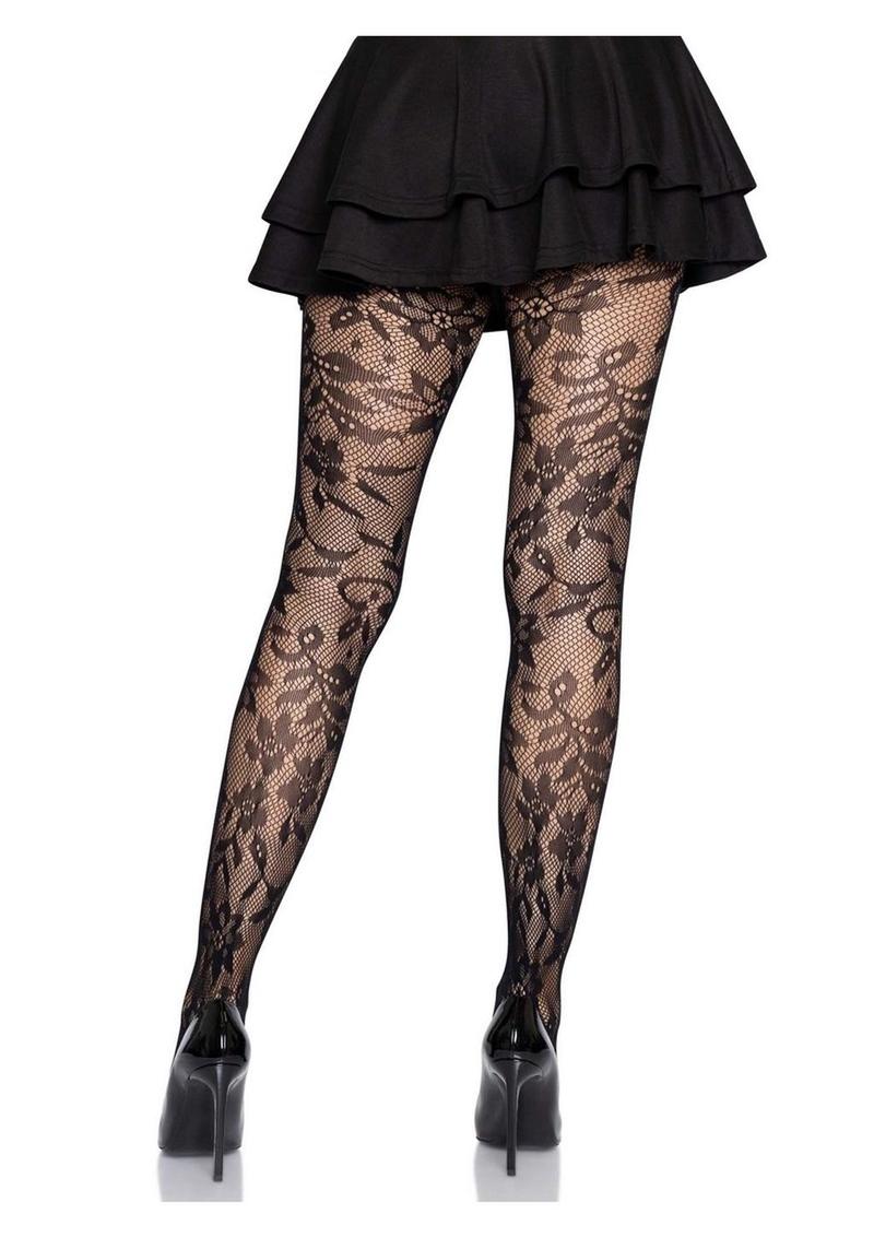 Leg Avenue Seamless Chantilly Floral Lace Tights - Black - One Size