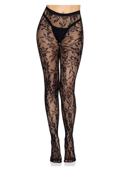 Leg Avenue Seamless Chantilly Floral Lace Tights - Black - One Size