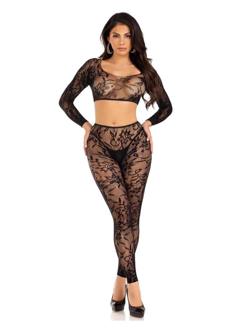 Leg Avenue Seamless Chantilly Lace Crop Top and Footless Tights - Black - One Size - 2 Piece