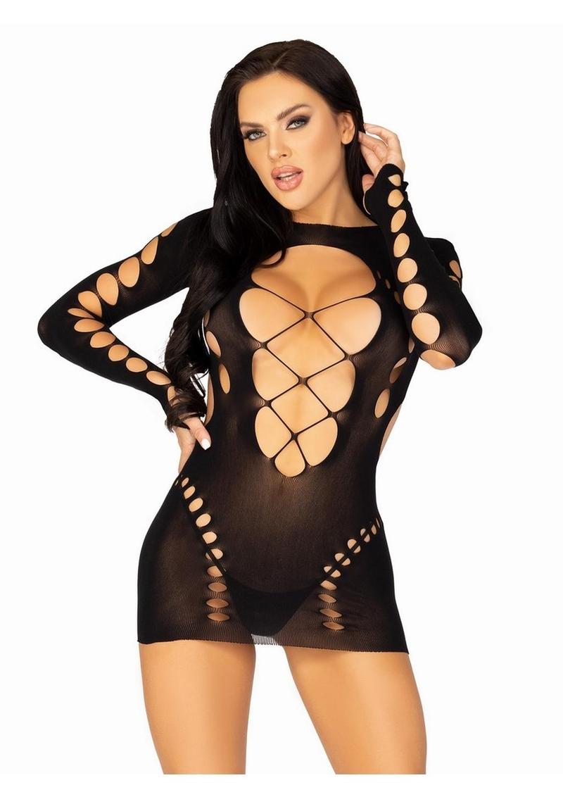 Leg Avenue Seamless Cut Out Long Sleeve Mini Dress with Faux Lace-Up Detail