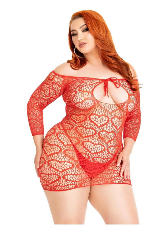 Leg Avenue Seamless Heart Net Mini Dress with Keyhole Tie Front - Red - Queen/XLarge/XXLarge