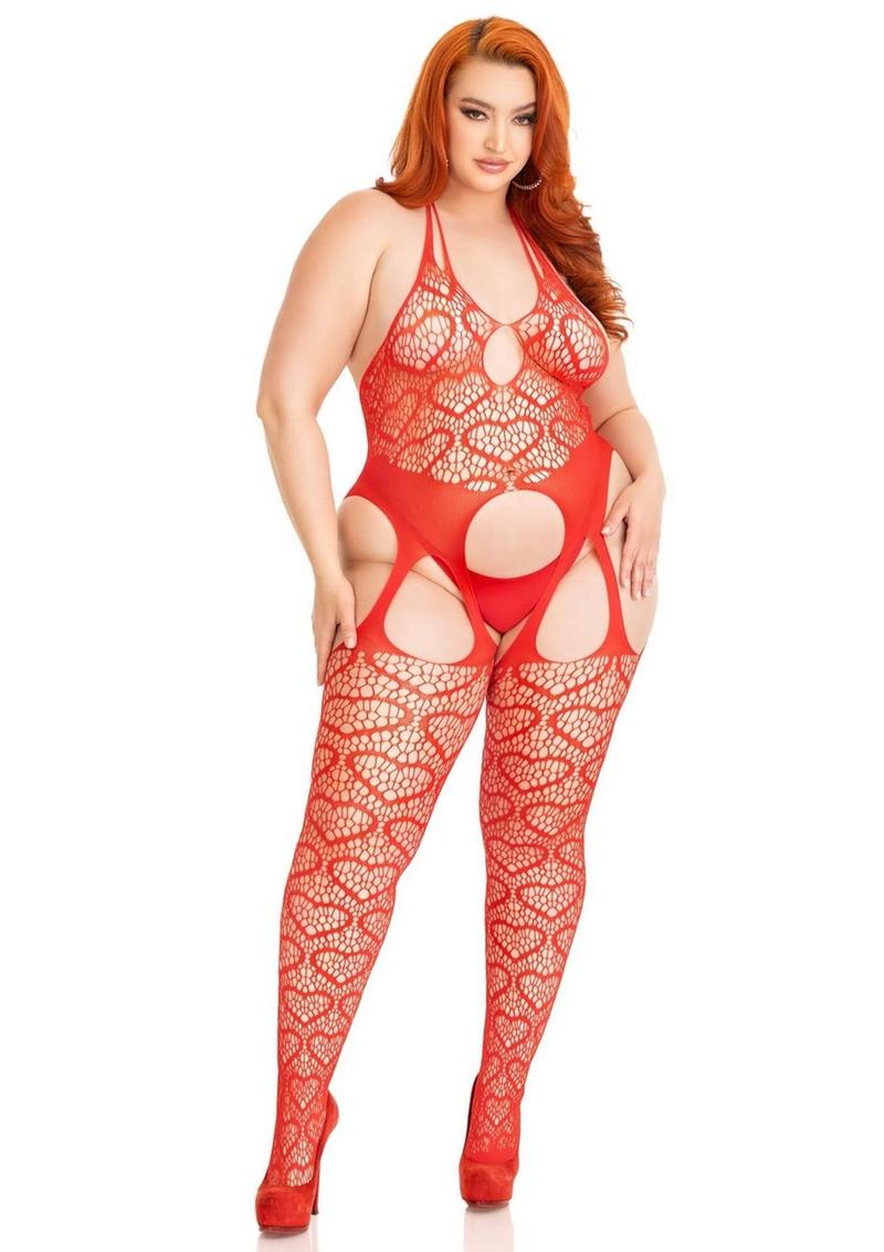 Leg Avenue Seamless Heart Net Suspender Bodystocking - Red - Queen/XLarge/XXLarge