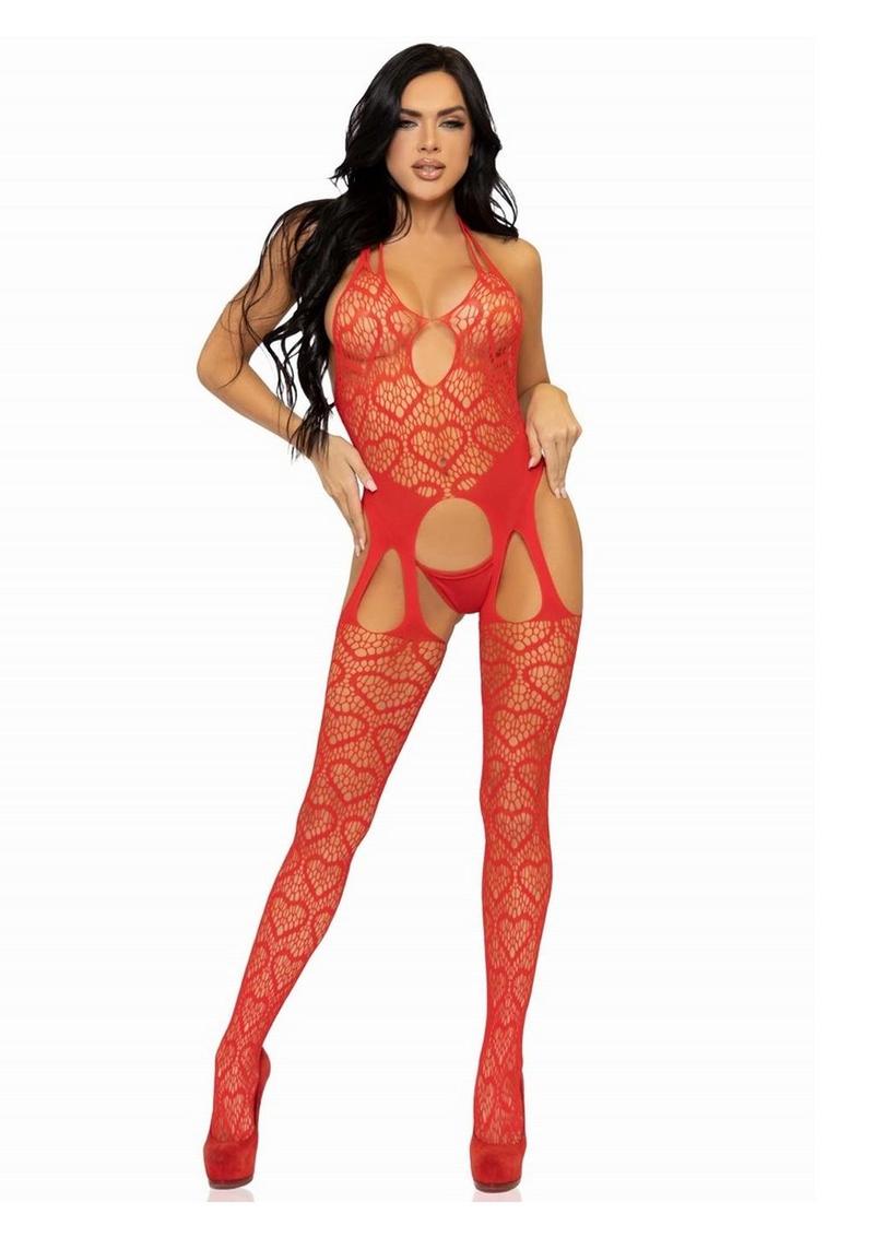 Leg Avenue Seamless Heart Net Suspender Bodystocking - Red - One Size