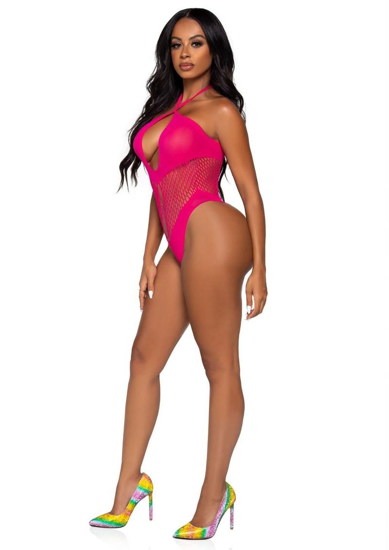 Leg Avenue Seamless Hexi Net Keyhole Halter Bodysuit - Pink/Raspberry - One Size