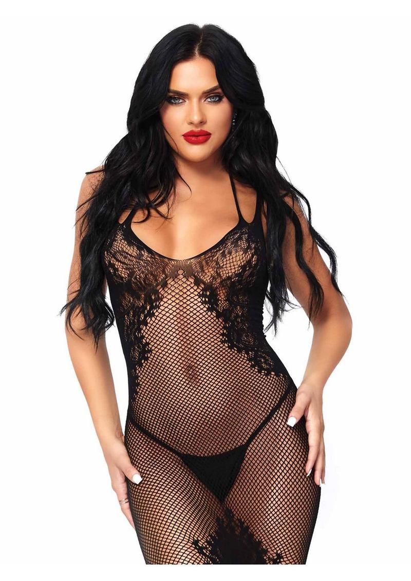 Leg Avenue Seamless Net and Lace Dual Strap Halter Dress with Faux Lace Up Back