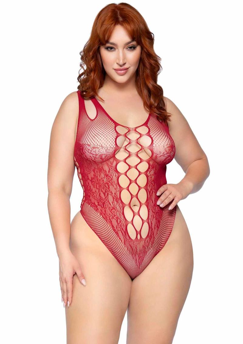 Leg Avenue Seamless Net Lace Bodysuit with Dual Shoulder Straps and Cheeky Cut Bottom