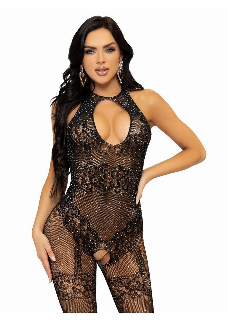 Leg Avenue Seamless Rhinestone Fishnet Bodystocking with Keyhole and Lace Lingerie Detail