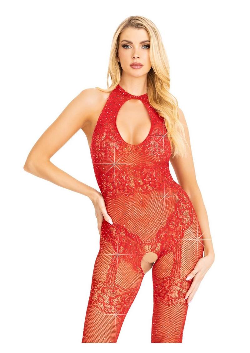 Leg Avenue Seamless Rhinestone Fishnet Bodystocking with Keyhole and Lace Lingerie Detail