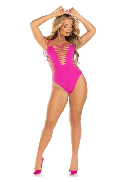 Leg Avenue Seamless Shredded Racer Back Thong Bodysuit - Magenta - One Size