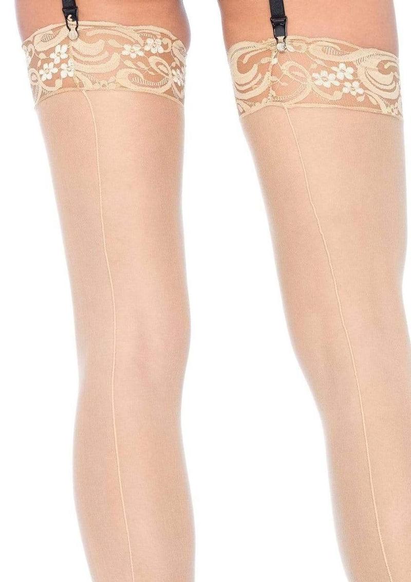 Leg Avenue Sheer Stocking with Back Seam Lace Top - Black - One Size