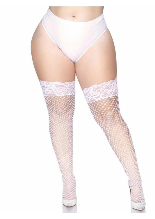 Leg Avenue Spandex Industrial Net Thigh Highs with Stay Up Silicone Lace Top - White - Queen/XLarge/XXLarge