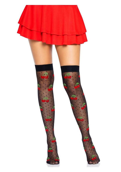 Leg Avenue Spandex Sheer Polka Dot Cherry Thigh Highs - Black/Red - One Size