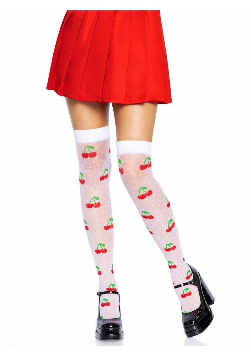 Leg Avenue Spandex Sheer Polka Dot Cherry Thigh Highs - Red/White - One Size