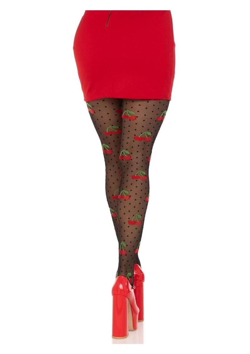 Leg Avenue Spandex Sheer Polka Dot Cherry Tights - Black - One Size