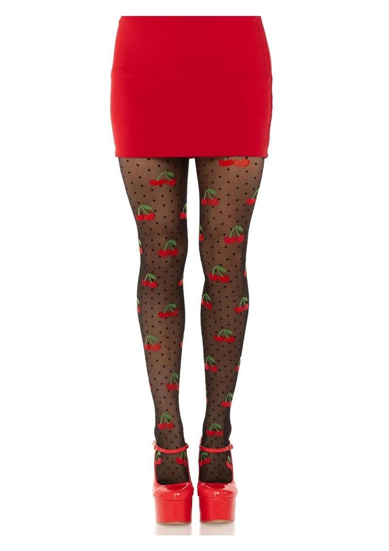 Leg Avenue Spandex Sheer Polka Dot Cherry Tights - Black - One Size