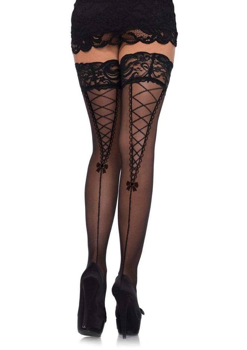 Leg Avenue Stay Up Lace Top Sheer Thigh Highs with Faux Lace Up Backseam - Black - One Size