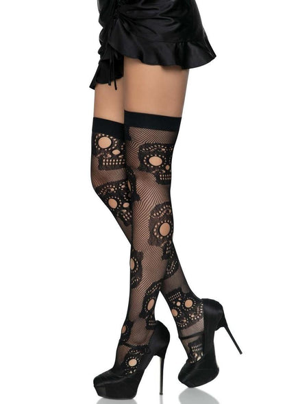 Leg Avenue Sugar Skull Net Thigh Highs - Black - One Size