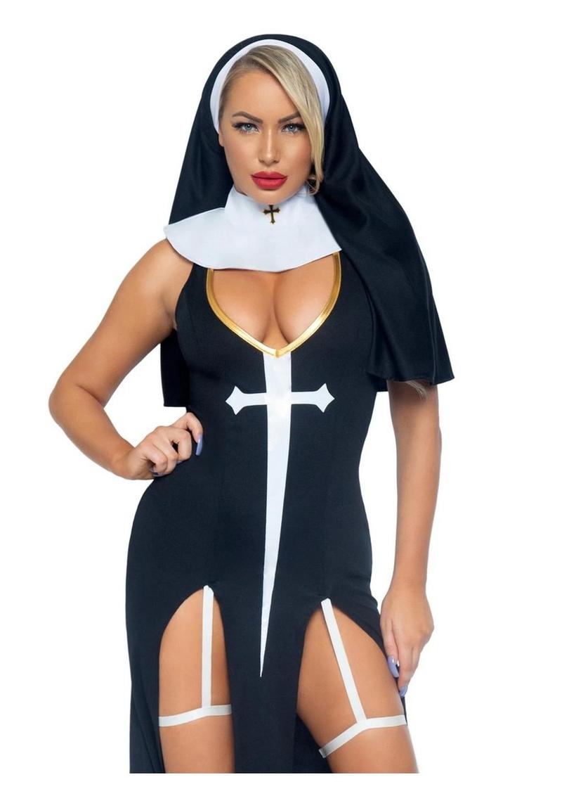 Leg Avenue Sultry Sinner Dual Slit Garter Dress with Vinyl Cross Detail, Vinyl Collar, and Nun Habit - Black/White - Small - 3 Piece