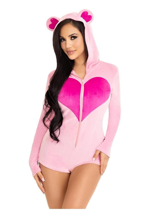 Leg Avenue Sweetheart Bear Velvet Zip Up Romper with Heart Accent - Pink - XSmall