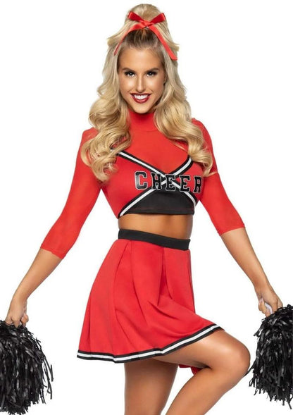 Leg Avenue Varsity Babe Set Crop Top with Cheer Logo, Pleated Skirt, and Pom Poms - Red - Medium/Small - 3 Piece