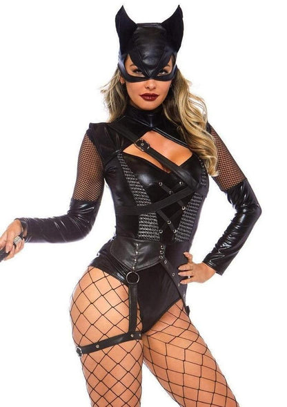 Leg Avenue Villainess Vixen Spandex Strappy Bodysuit with O-Ring Attached Garter and Matching Hooded Mask