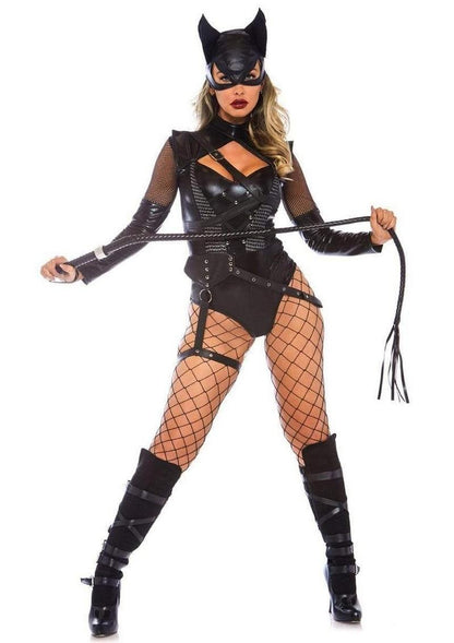 Leg Avenue Villainess Vixenspandex Strappy Bodysuit with O-Ring Attached Garter and Matching Hooded Mask - Black - Medium - 2 Piece