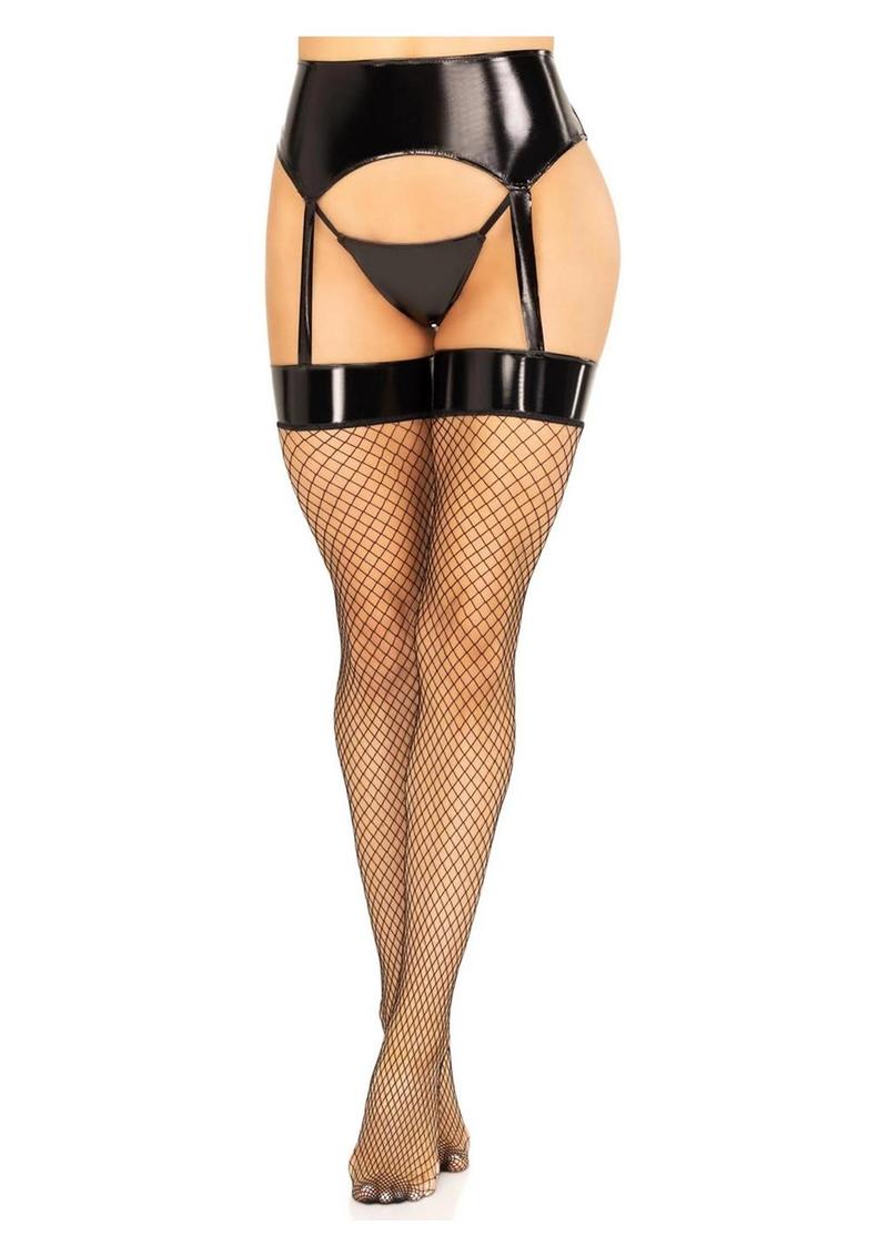 Leg Avenue Vinyl Garter Belt with Attached Fishnet Stockings and Matching G-String Panties - Black - Medium/Small - 2 Piece