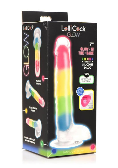 Lollicock Glow In The Dark Rainbow Silicone Dildo with Balls - Glow In The Dark/Multicolor - 7in