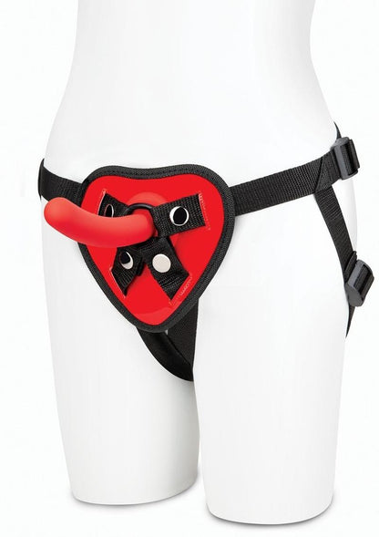 Lux Fetish Red Heart Strap-On Harness and Silicone Dildo - Black/Red - 5in - Set