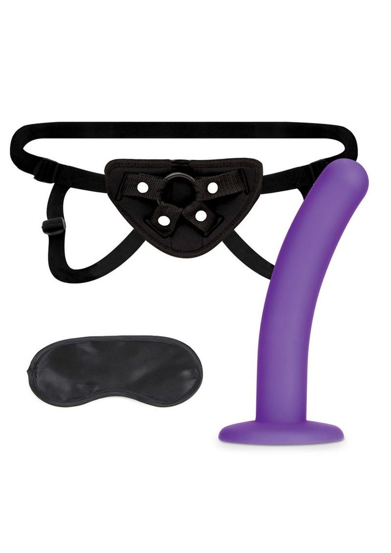 Lux Fetish Strap-On Harness and Silicone Dildo - Black/Purple - 5in - Set