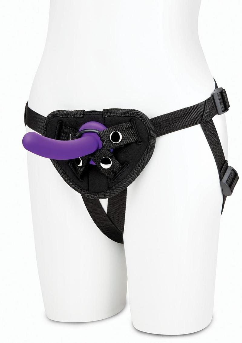 Lux Fetish Strap-On Harness and Silicone Dildo - Black/Purple - 5in - Set