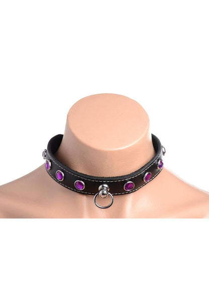 Master Series Leather Collar with Rhinestones - Black/Purple