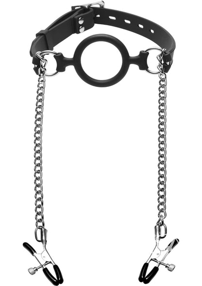 Master Series Mutiny Silicone O-Ring Gag with Nipple Clamps