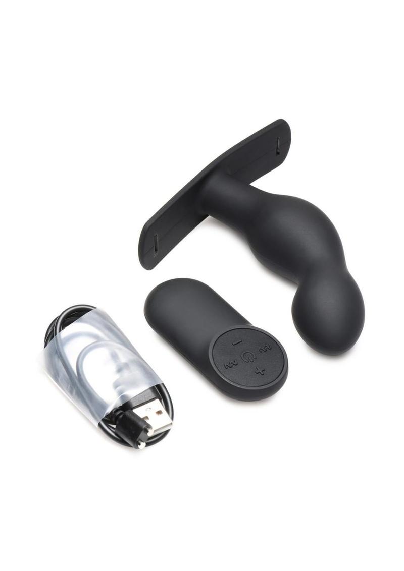 Master Series P-Spot Plugger 28x Rechargeable Silicone Prostate Plug with Harness and Remote Control - Black