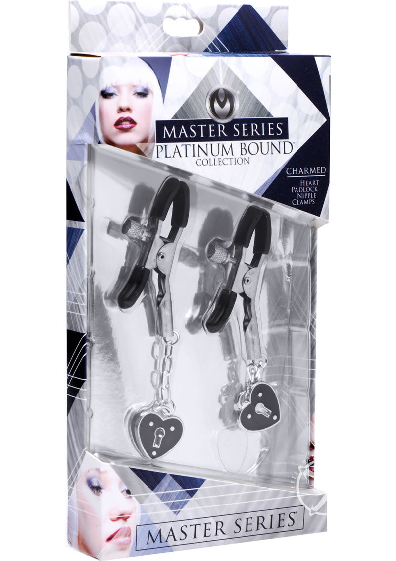 Master Series - Platinum Bound Charmed Heart Padlock Nipple Clamps